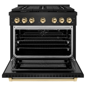 ZLINE Autograph Edition 36 in. 5.2 cu. ft. Paramount Gas Range with 6 Burner Cooktop and Convection Gas Oven in Black Stainless Steel and Polished Gold Accents (SGRBZ-36-G) front, open.