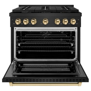 ZLINE Autograph Edition 36 in. 5.2 cu. ft. Paramount Gas Range with 6 Burner Cooktop and Convection Gas Oven in Black Stainless Steel and Polished Gold Accents (SGRBZ-36-G) front, open.