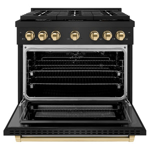 ZLINE Autograph Edition 36 in. 5.2 cu. ft. 6 Burner Gas Range with Convection Gas Oven in Black Stainless Steel and Polished Gold Accents (SGRBZ-36-G) front, with oven open.