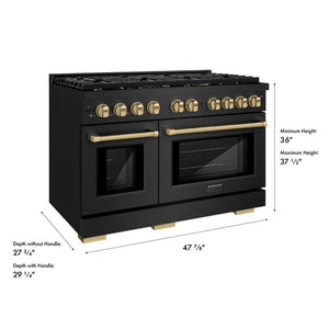 ZLINE Autograph Edition 48 in. 6.7 cu. ft. Paramount Double Oven Gas Range with 8 Burner Cooktop in Black Stainless Steel and Champagne Bronze Accents (SGRBZ-48-CB) dimensional diagram.