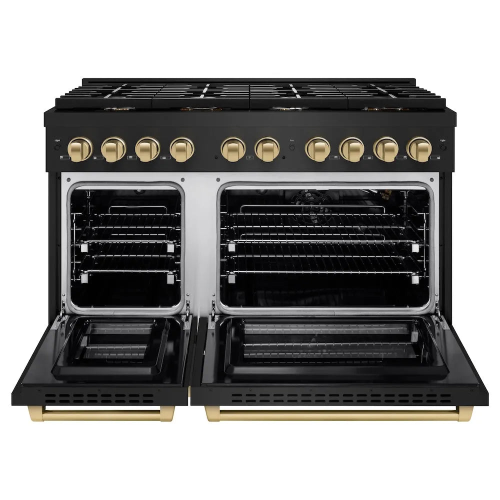 ZLINE Autograph Edition 48 in. 6.7 cu. ft. Paramount Double Oven Gas Range with 8 Burner Cooktop in Black Stainless Steel and Champagne Bronze Accents (SGRBZ-48-CB) front, oven open.