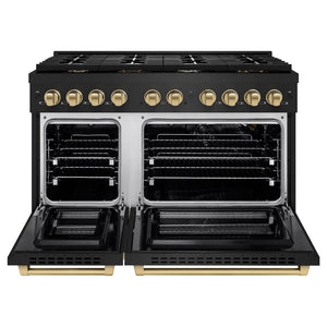 ZLINE Autograph Edition 48 in. 6.7 cu. ft. Paramount Double Oven Gas Range with 8 Burner Cooktop in Black Stainless Steel and Champagne Bronze Accents (SGRBZ-48-CB) front, oven open.