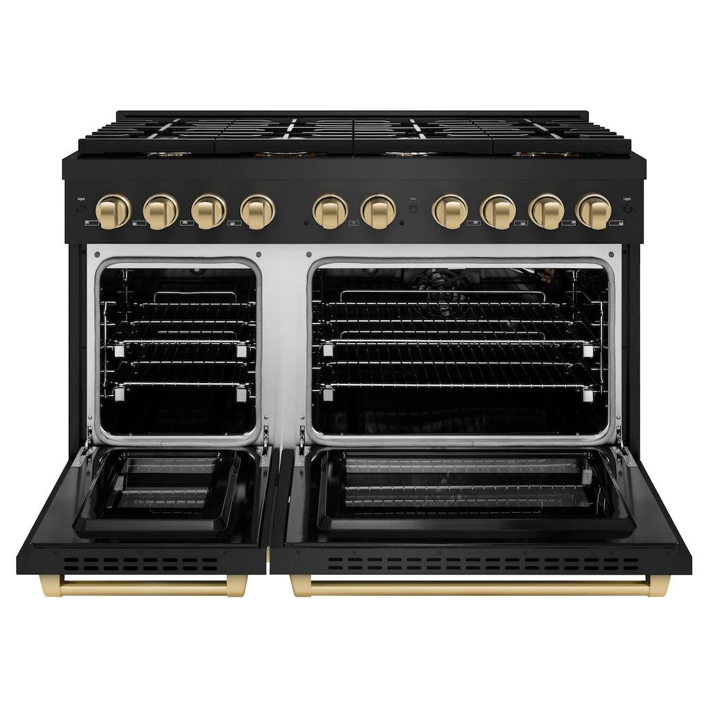 ZLINE Autograph Edition 48 in. 6.7 cu. ft. 8 Burner Double Oven Gas Range in Black Stainless Steel and Champagne Bronze Accents (SGRBZ-48-CB) front, with oven open.