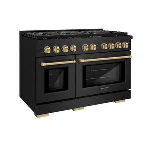 ZLINE Autograph Edition 48 in. 6.7 cu. ft. Paramount Double Oven Gas Range with 8 Burner Cooktop in Black Stainless Steel and Champagne Bronze Accents (SGRBZ-48-CB) main image.