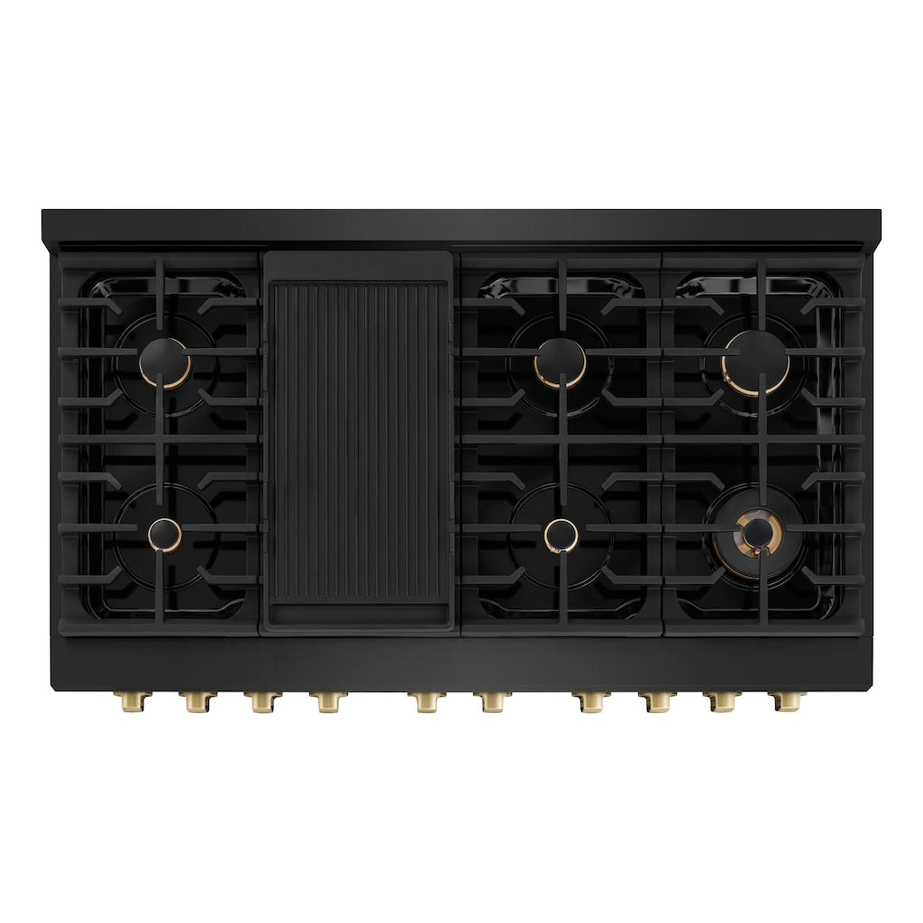 ZLINE Autograph Edition 48 in. 6.7 cu. ft. 8 Burner Double Oven Gas Range in Black Stainless Steel and Champagne Bronze Accents (SGRBZ-48-CB) from above, showing gas burners, black porcelain cooktop, and cast-iron grates.