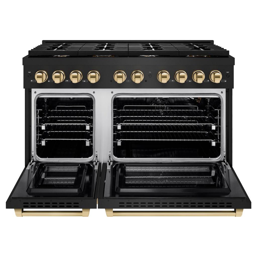 ZLINE Autograph Edition 48 in. 6.7 cu. ft. 8 Burner Double Oven Gas Range in Black Stainless Steel and Polished Gold Accents (SGRBZ-48-G) front, with oven open.