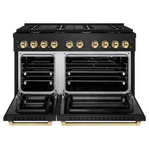 ZLINE Autograph Edition 48 in. 6.7 cu. ft. Paramount Double Oven Gas Range with 8 Burner Cooktop in Black Stainless Steel and Polished Gold Accents (SGRBZ-48-G) front, open.