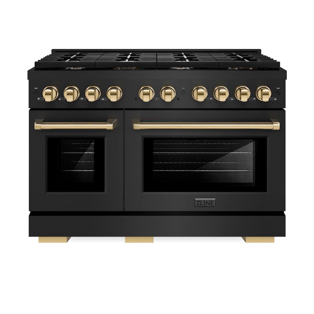 ZLINE Autograph Edition 48 in. 6.7 cu. ft. 8 Burner Double Oven Gas Range in Black Stainless Steel and Polished Gold Accents (SGRBZ-48-G) front, oven closed.