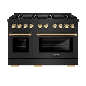 ZLINE Autograph Edition 48 in. 6.7 cu. ft. 8 Burner Double Oven Gas Range in Black Stainless Steel and Polished Gold Accents (SGRBZ-48-G) front, oven closed.