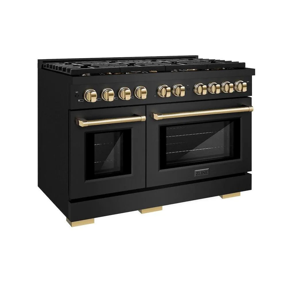 ZLINE Autograph Edition 48 in. 6.7 cu. ft. Paramount Double Oven Gas Range with 8 Burner Cooktop in Black Stainless Steel and Polished Gold Accents (SGRBZ-48-G) main image.