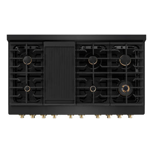 ZLINE Autograph Edition 48 in. 6.7 cu. ft. 8 Burner Double Oven Gas Range in Black Stainless Steel and Polished Gold Accents (SGRBZ-48-G) from above, showing gas burners, black porcelain cooktop, and cast-iron grates.