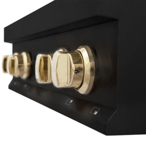 ZLINE Autograph Edition 30 in. Legacy Gas Rangetop with 4 Burners and Porcelain Cooktop in Black Stainless Steel with Polished Gold Accents (RTBZ-30-G) close-up, Polished Gold cooktop knobs.