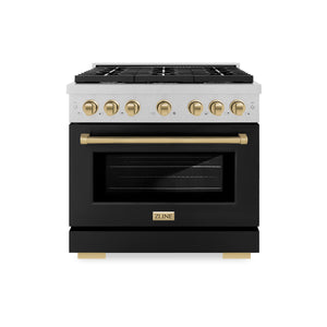 ZLINE Autograph Edition 36 in. 5.2 cu. ft. Paramount Dual Fuel Range with 6 Burner Gas Cooktop and Electric Convection Oven in DuraSnow® Stainless Steel with Black Matte Door and Champagne Bronze Accents (SDRSZ-BLM-36-CB) front.