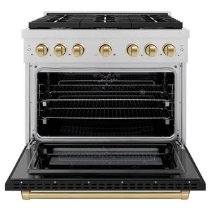 ZLINE Autograph Edition 36 in. 5.2 cu. ft. Paramount Dual Fuel Range with 6 Burner Gas Cooktop and Electric Convection Oven in DuraSnow® Stainless Steel with Black Matte Door and Champagne Bronze Accents (SDRSZ-BLM-36-CB) front, oven open.