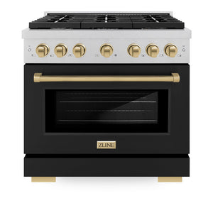 ZLINE Autograph Edition 36 in. 5.2 cu. ft. Paramount Dual Fuel Range with 6 Burner Gas Cooktop and Electric Convection Oven in DuraSnow® Stainless Steel with Black Matte Door and Champagne Bronze Accents (SDRSZ-BLM-36-CB) front, oven closed.