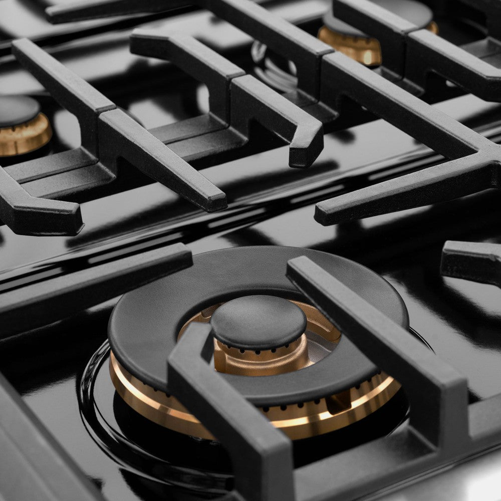 ZLINE Autograph Edition 36 in. 5.2 cu. ft. Paramount Dual Fuel Range with 6 Burner Gas Cooktop and Electric Convection Oven in DuraSnow® Stainless Steel with Black Matte Door and Champagne Bronze Accents (SDRSZ-BLM-36-CB) extreme close-up, burners and cast-iron grates on gas cooktop.