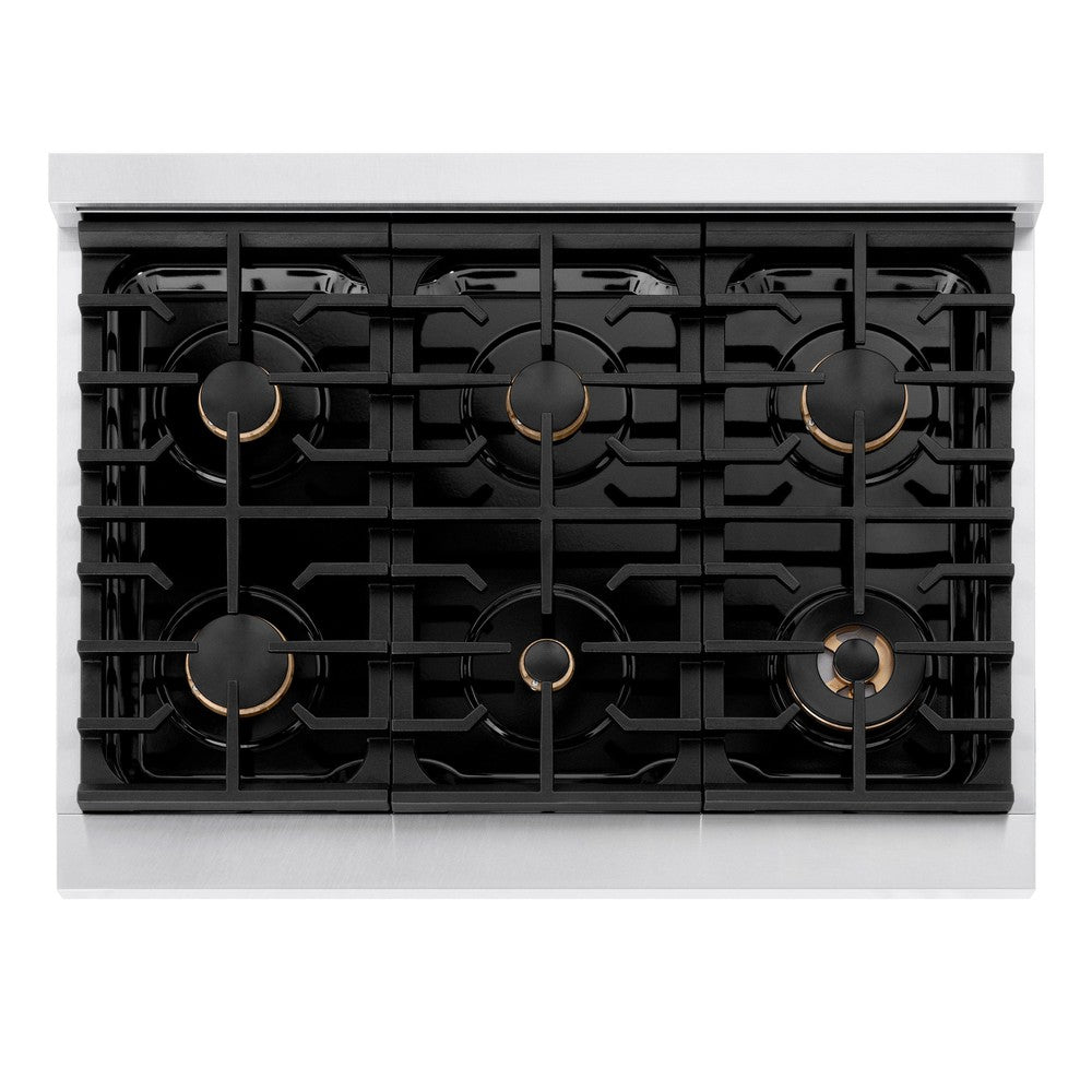 ZLINE Autograph Edition 36 in. 5.2 cu. ft. Paramount Dual Fuel Range with 6 Burner Gas Cooktop and Electric Convection Oven in DuraSnow® Stainless Steel with Black Matte Door and Champagne Bronze Accents (SDRSZ-BLM-36-CB) above, top-down view of gas cooktop.