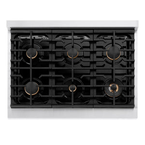 ZLINE Autograph Edition 36 in. 5.2 cu. ft. Paramount Dual Fuel Range with 6 Burner Gas Cooktop and Electric Convection Oven in DuraSnow® Stainless Steel with Black Matte Door and Champagne Bronze Accents (SDRSZ-BLM-36-CB) above, top-down view of gas cooktop.