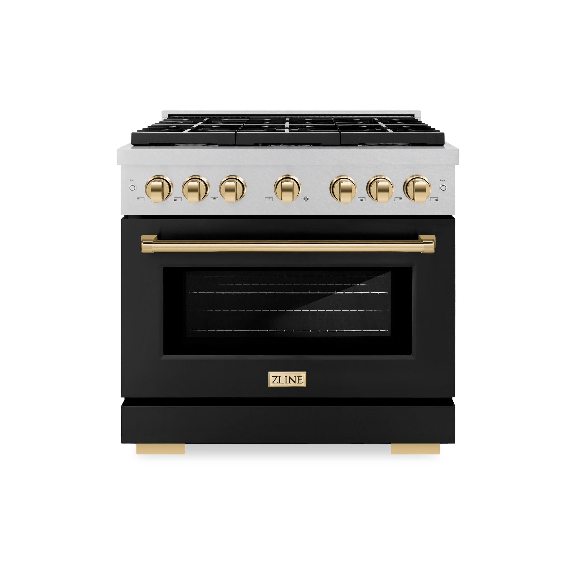 ZLINE Autograph Edition 36 in. 5.2 cu. ft. Paramount Dual Fuel Range with 6 Burner Gas Cooktop and Electric Convection Oven in DuraSnow® Stainless Steel with Black Matte Door and Polished Gold Accents (SDRSZ-BLM-36-G) front.