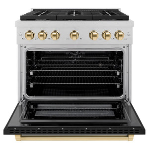 ZLINE Autograph Edition 36 in. 5.2 cu. ft. Paramount Dual Fuel Range with 6 Burner Gas Cooktop and Electric Convection Oven in DuraSnow® Stainless Steel with Black Matte Door and Polished Gold Accents (SDRSZ-BLM-36-G) front, oven open.