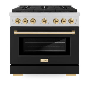 ZLINE Autograph Edition 36 in. 5.2 cu. ft. Paramount Dual Fuel Range with 6 Burner Gas Cooktop and Electric Convection Oven in DuraSnow® Stainless Steel with Black Matte Door and Polished Gold Accents (SDRSZ-BLM-36-G) front, oven closed.