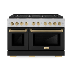 ZLINE Autograph Edition 48 in. 6.7 cu. ft. Paramount Double Oven Dual Fuel Range with 8 Burner Gas Cooktop in DuraSnow® Stainless Steel with Black Matte Door and Champagne Bronze Accents (SDRSZ-BLM-48-CB) front.