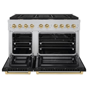 ZLINE Autograph Edition 48 in. 6.7 cu. ft. Paramount Double Oven Dual Fuel Range with 8 Burner Gas Cooktop in DuraSnow® Stainless Steel with Black Matte Door and Champagne Bronze Accents (SDRSZ-BLM-48-CB) front, oven open.