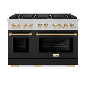 ZLINE Autograph Edition 48 in. 6.7 cu. ft. Paramount Double Oven Dual Fuel Range with 8 Burner Gas Cooktop in DuraSnow® Stainless Steel with Black Matte Door and Champagne Bronze Accents (SDRSZ-BLM-48-CB) front, oven closed.