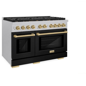 ZLINE Autograph Edition 48 in. 6.7 cu. ft. Paramount Double Oven Dual Fuel Range with 8 Burner Gas Cooktop in DuraSnow® Stainless Steel with Black Matte Door and Champagne Bronze Accents (SDRSZ-BLM-48-CB) side, oven closed.