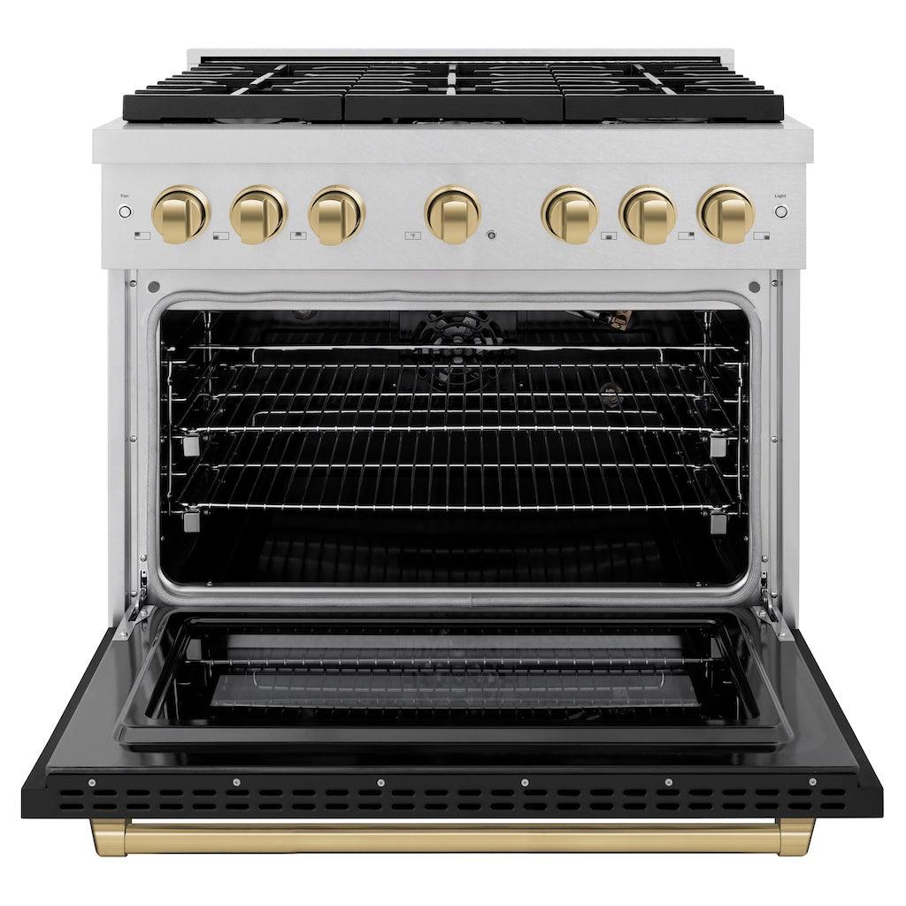 ZLINE Autograph Edition 36 in. 5.2 cu. ft. 6 Burner Gas Range with Convection Gas Oven in DuraSnow® Stainless Steel with Black Matte Door and Champagne Bronze Accents (SGRSZ-BLM-36-CB) front, with oven open.