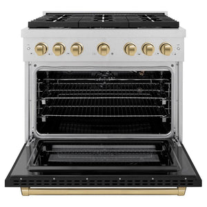 ZLINE Autograph Edition 36 in. 5.2 cu. ft. 6 Burner Gas Range with Convection Gas Oven in DuraSnow® Stainless Steel with Black Matte Door and Champagne Bronze Accents (SGRSZ-BLM-36-CB) front, oven open.