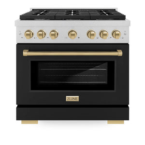 ZLINE Autograph Edition 36 in. 5.2 cu. ft. 6 Burner Gas Range with Convection Gas Oven in DuraSnow® Stainless Steel with Black Matte Door and Champagne Bronze Accents (SGRSZ-BLM-36-CB) front, oven closed.