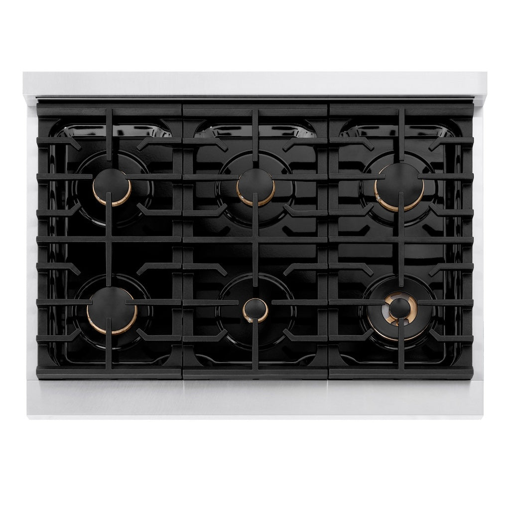 ZLINE Autograph Edition 36 in. 5.2 cu. ft. 6 Burner Gas Range with Convection Gas Oven in DuraSnow® Stainless Steel with Black Matte Door and Champagne Bronze Accents (SGRSZ-BLM-36-CB) from above, showing gas cooktop.