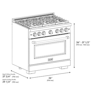 ZLINE Autograph Edition 36 in. 5.2 cu. ft. 6 Burner Gas Range with Convection Gas Oven in DuraSnow® Stainless Steel with Black Matte Door and Polished Gold Accents (SGRSZ-BLM-36-G) dimensional diagram.