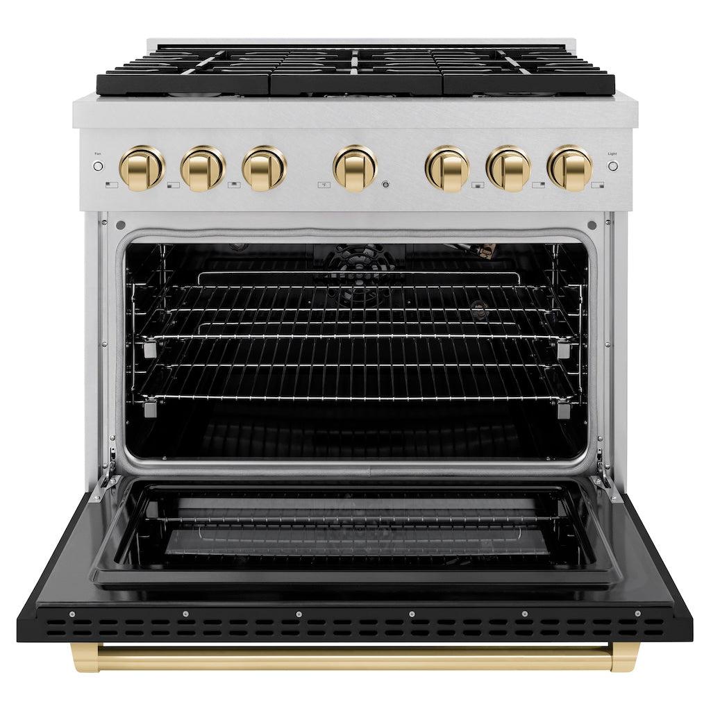 ZLINE Autograph Edition 36 in. 5.2 cu. ft. 6 Burner Gas Range with Convection Gas Oven in DuraSnow® Stainless Steel with Black Matte Door and Polished Gold Accents (SGRSZ-BLM-36-G) front, with oven open.