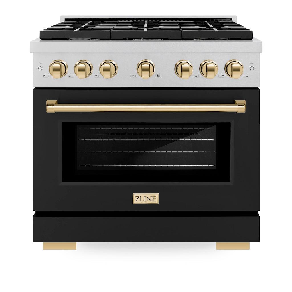 ZLINE Autograph Edition 36 in. 5.2 cu. ft. 6 Burner Gas Range with Convection Gas Oven in DuraSnow® Stainless Steel with Black Matte Door and Polished Gold Accents (SGRSZ-BLM-36-G) front, oven closed.