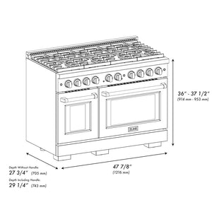 ZLINE Autograph Edition 48 in. 6.7 cu. ft. 8 Burner Double Oven Gas Range in DuraSnow® Stainless Steel with Black Matte Doors and Champagne Bronze Accents (SGRSZ-BLM-48-CB) dimensional diagram.