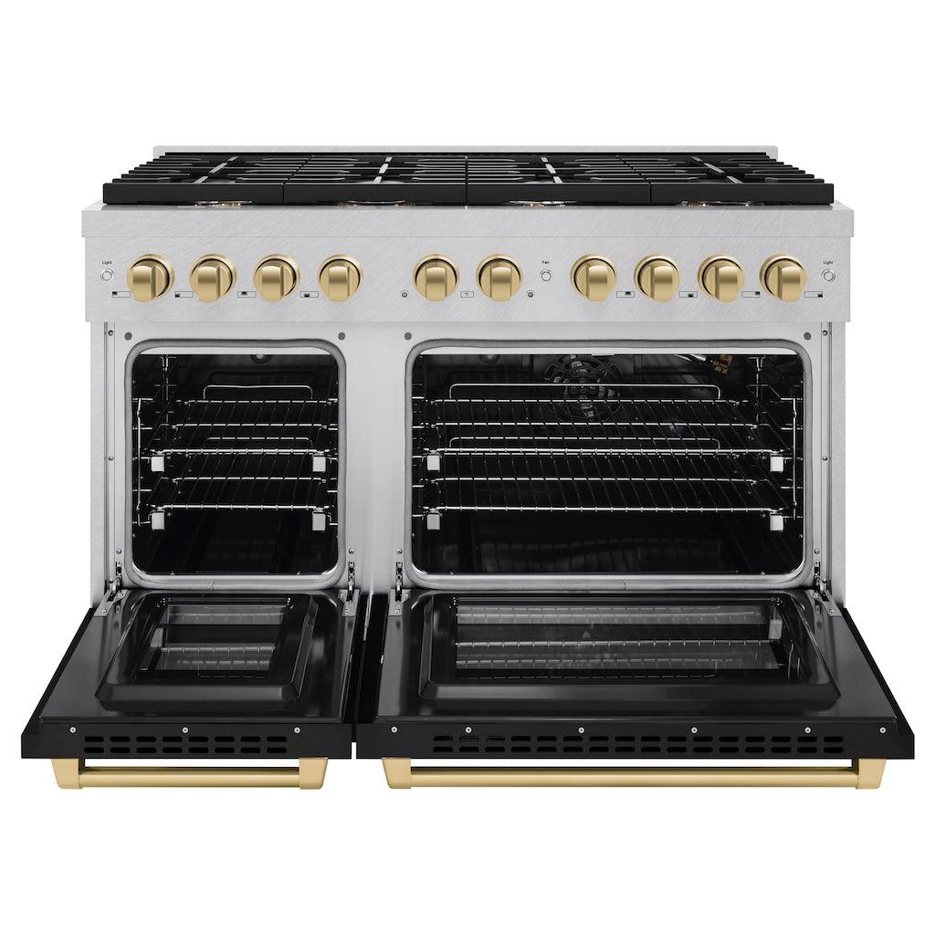 ZLINE Autograph Edition 48 in. 6.7 cu. ft. 8 Burner Double Oven Gas Range in DuraSnow® Stainless Steel with Black Matte Doors and Champagne Bronze Accents (SGRSZ-BLM-48-CB) front, oven open.