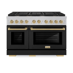 ZLINE Autograph Edition 48 in. 6.7 cu. ft. 8 Burner Double Oven Gas Range in DuraSnow® Stainless Steel with Black Matte Doors and Champagne Bronze Accents (SGRSZ-BLM-48-CB) front, oven closed.