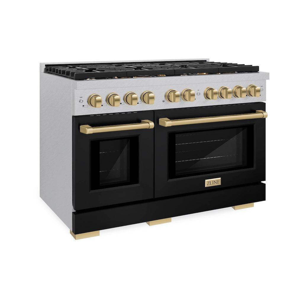 ZLINE Autograph Edition 48 in. 6.7 cu. ft. 8 Burner Double Oven Gas Range in DuraSnow® Stainless Steel with Black Matte Doors and Champagne Bronze Accents (SGRSZ-BLM-48-CB)-ZLINE Kitchen and Bath