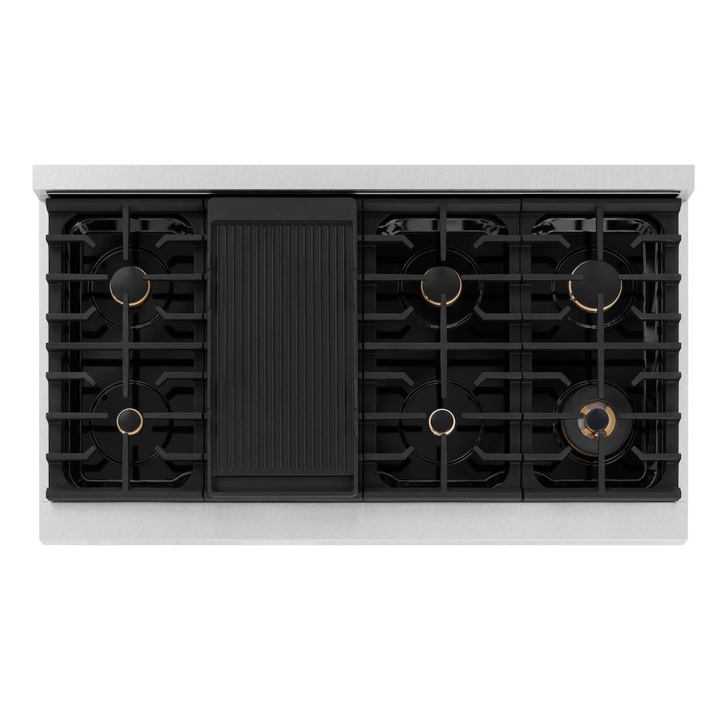 ZLINE Autograph Edition 48 in. 6.7 cu. ft. 8 Burner Double Oven Gas Range in DuraSnow® Stainless Steel with Black Matte Doors and Champagne Bronze Accents (SGRSZ-BLM-48-CB) from above, showing gas cooktop.
