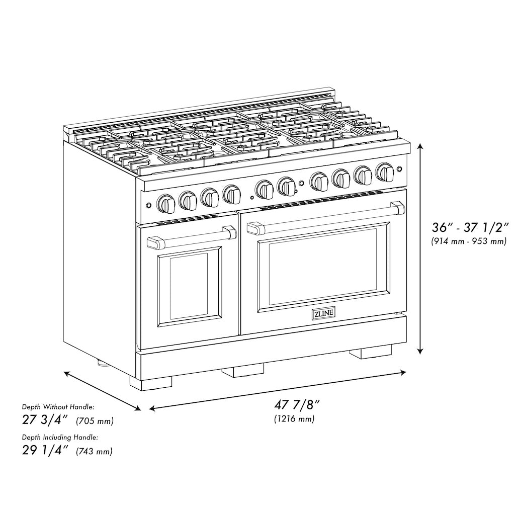 ZLINE Autograph Edition 48 in. 6.7 cu. ft. 8 Burner Double Oven Gas Range in DuraSnow® Stainless Steel with Black Matte Doors and Polished Gold Accents (SGRSZ-BLM-48-G) dimensional diagram.