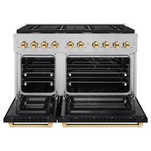 ZLINE Autograph Edition 48 in. 6.7 cu. ft. 8 Burner Double Oven Gas Range in DuraSnow® Stainless Steel with Black Matte Doors and Polished Gold Accents (SGRSZ-BLM-48-G) front, with oven open.