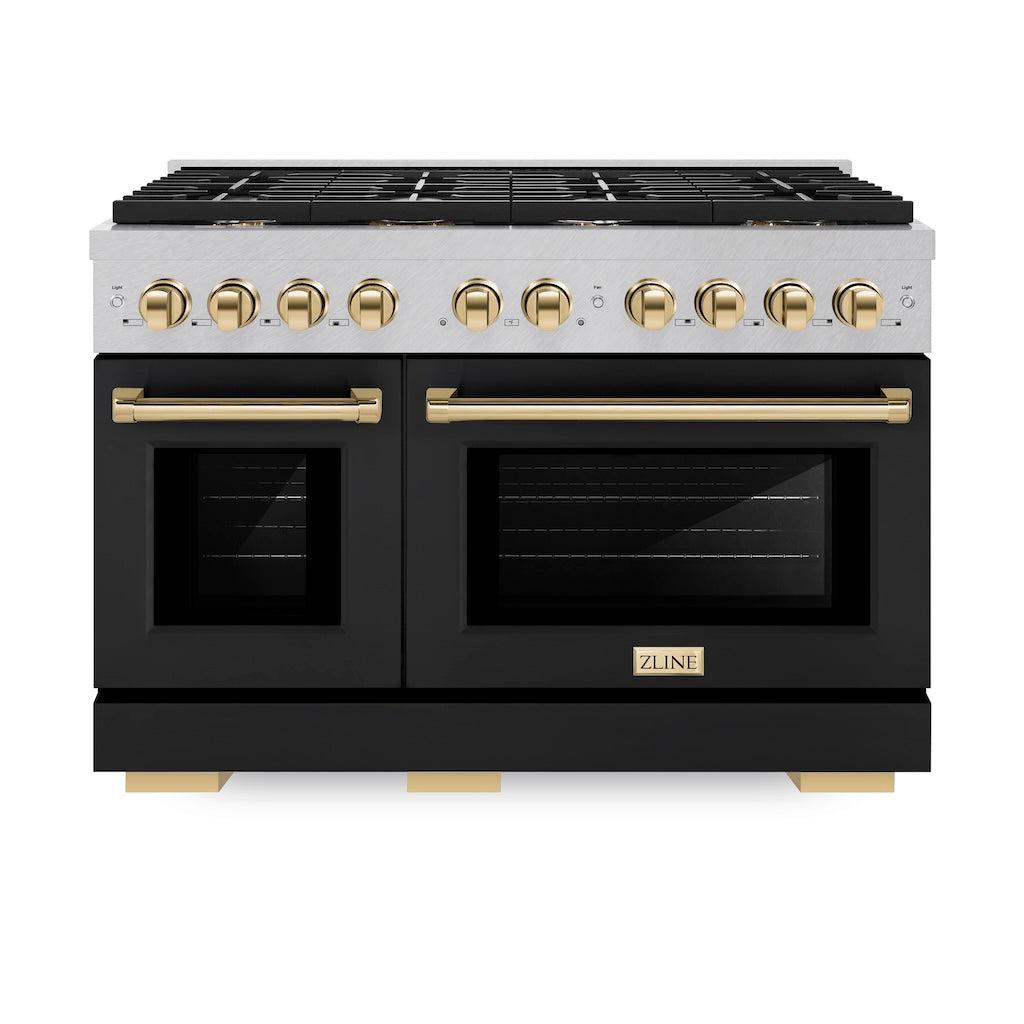 ZLINE Autograph Edition 48 in. 6.7 cu. ft. 8 Burner Double Oven Gas Range in DuraSnow® Stainless Steel with Black Matte Doors and Polished Gold Accents (SGRSZ-BLM-48-G) front, oven closed.