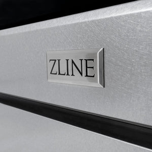 ZLINE Autograph Edition 30 in. 4.2 cu. ft. Paramount Dual Fuel Range with 4 Burner Gas Cooktop and Electric Convection Oven in DuraSnow® Stainless Steel with Champagne Bronze Accents (SDRSZ-30-CB) close-up, logo badge on DuraSnow® Stainless Steel finish.