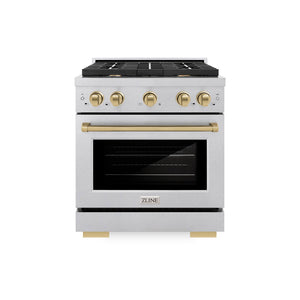 ZLINE Autograph Edition 30 in. 4.2 cu. ft. Paramount Dual Fuel Range with 4 Burner Gas Cooktop and Electric Convection Oven in DuraSnow® Stainless Steel with Champagne Bronze Accents (SDRSZ-30-CB) front, oven closed.