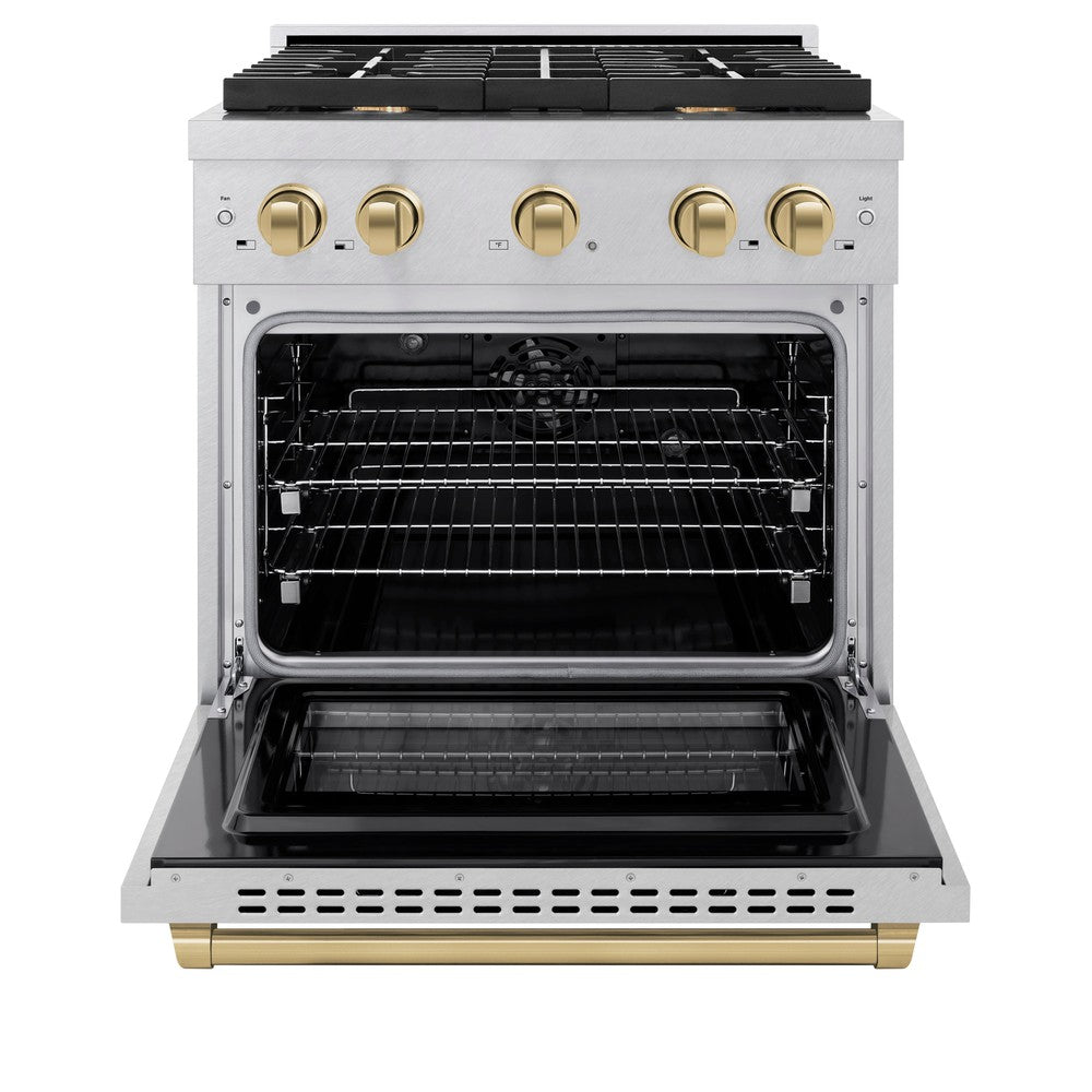 ZLINE Autograph Edition 30 in. 4.2 cu. ft. Paramount Dual Fuel Range with 4 Burner Gas Cooktop and Electric Convection Oven in DuraSnow® Stainless Steel with Champagne Bronze Accents (SDRSZ-30-CB) front, oven open.