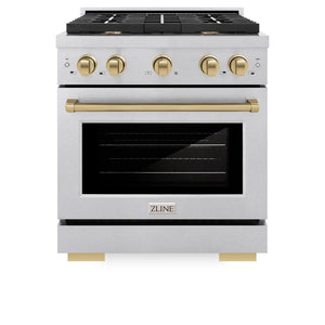 ZLINE Autograph Edition 30 in. 4.2 cu. ft. Paramount Dual Fuel Range with 4 Burner Gas Cooktop and Electric Convection Oven in DuraSnow® Stainless Steel with Champagne Bronze Accents (SDRSZ-30-CB) front, oven closed.