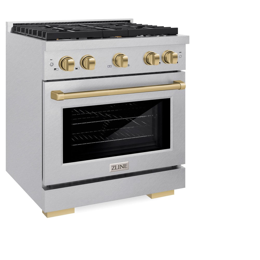 ZLINE Autograph Edition 30 in. 4.2 cu. ft. Paramount Dual Fuel Range with 4 Burner Gas Cooktop and Electric Convection Oven in DuraSnow® Stainless Steel with Champagne Bronze Accents (SDRSZ-30-CB) side, oven closed.