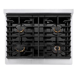 ZLINE Autograph Edition 30 in. 4.2 cu. ft. Paramount Dual Fuel Range with 4 Burner Gas Cooktop and Electric Convection Oven in DuraSnow® Stainless Steel with Champagne Bronze Accents (SDRSZ-30-CB) top-down, above cooktop.